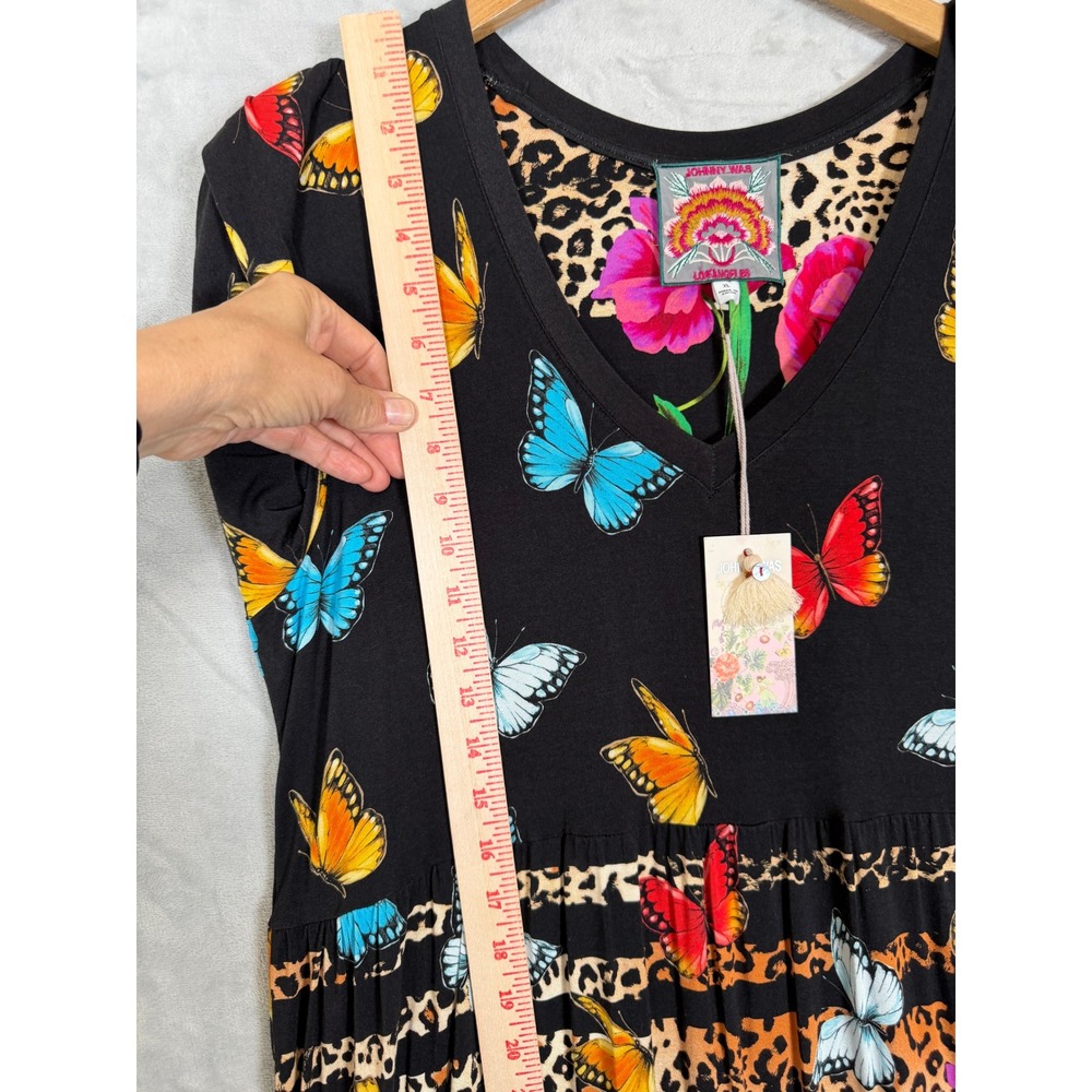 New Johnny Was Sandra 3/4 Sleeve Tiered Dress XL Black Butterfly Floral Leopard - Picture 10 of 13